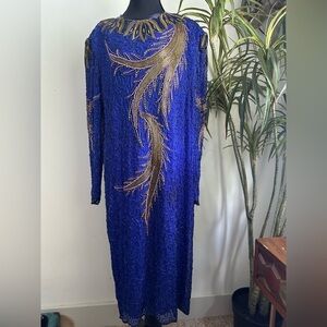 Vintage hand beaded, silk midi gown, blue purple palm design
